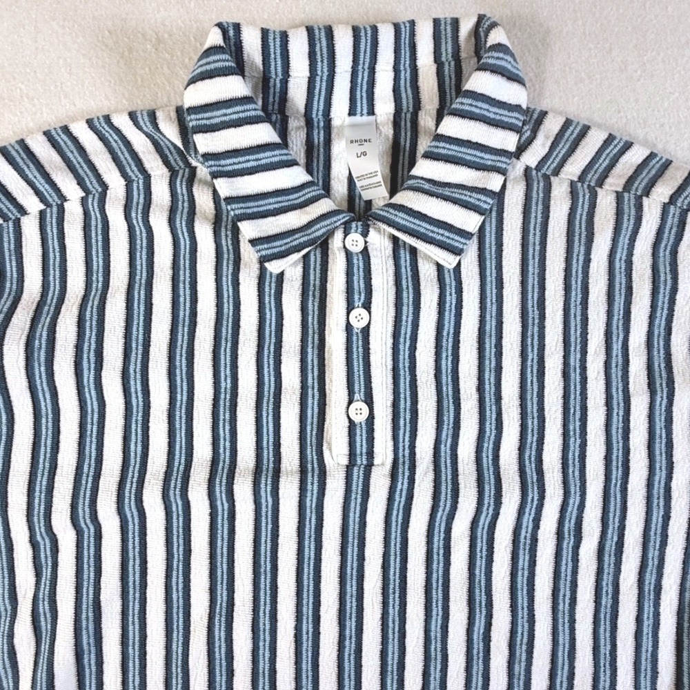 Rhone Polo Shirt Mens Large Terry Cloth Vertical Stripe Blue White
